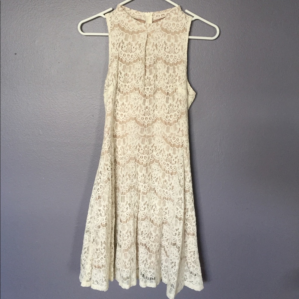 Ivory lace and nude high neck minidress